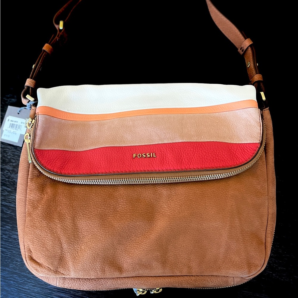 FOSSIL Preston Flap Crossbody Bag! Stripe Tan, Ivory, Pink and Brown Leather!!